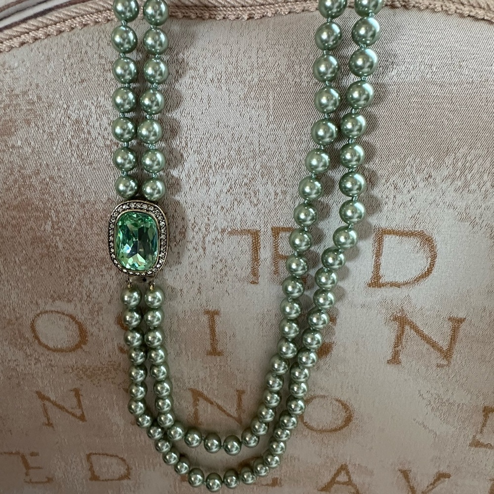 CLASSIC SIGNED HEIDI DAUS VERY LONG LARGE GREEN TOPAZ PEARL NECKLACE NWOT